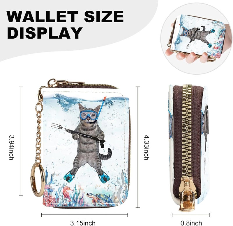 Luoycxy Credit Card Holder for Women,Small Rfid Wallet with Keychain Zipper,Cute PU Leather Card Case Wallet，Accordion Credit Card Wallets Gift,Diving Cat - Image 4